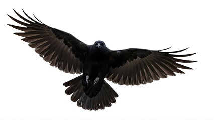Fototapeta premium A black bird is flying in the air with its wings spread wide on transparent background