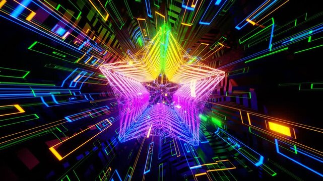 3D animation endless flight through futuristic neon corridor. Seamless hyperspace tunnel loop VR experiences, sci-fi films, tech presentations, gaming backgrounds, music festival visuals. 4K