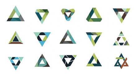 Collection of abstract geometric triangle shapes in various colors.