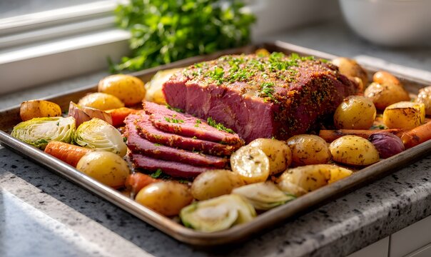 a Corned Beef & Cabbage Sheet Pan Dinner arranged on a rustic metal baking sheet