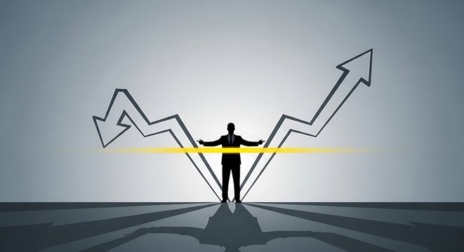 Confident businessman standing between declining and rising arrows