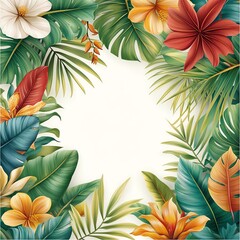 Vibrant tropical flowers and leaves frame design.