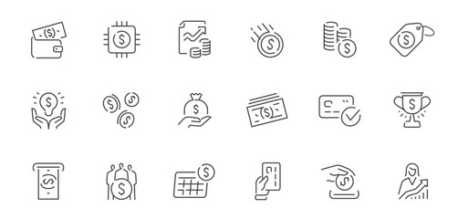 Finance and business line icons set. Money and investment outline symbol collection. Banking, commerce concept
