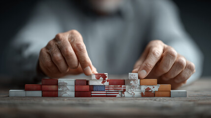 Naklejka premium Building Bridges: A person meticulously constructs a symbolic bridge using blocks decorated with global maps, illustrating the crucial role of connection and unity.