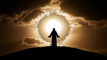 Fototapeta premium Silhouette of Jesus Christ statue with open arm. Christian religious icon. Faith and spirituality concept for Easter or Christmas.