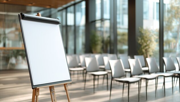 Blank presentation flip chart in modern conference room with chairs and daylight