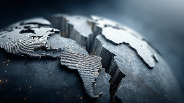 Global Fracture: A close-up view of a cracked Earth, illustrating fragility and environmental vulnerability with stark realism.