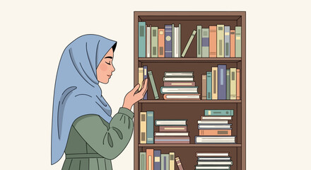 Muslim Woman in Hijab Selecting Book from Bookshelf, Education and Knowledge Concept