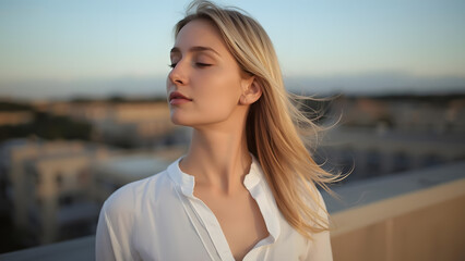 A serene blonde woman with fair skin and delicate features gazes into the distance, her eyes closed in a moment of tranquil contemplation.