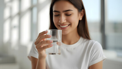 a young woman holds a clear glass of water in her right hand