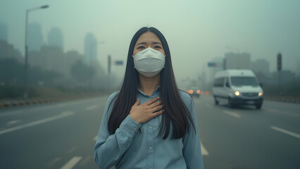An asian woman white mask stands in a hazy urban landscape