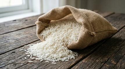 Burlap Sack Spilling Long Grain White Rice on Rustic Wooden Surface Food Agriculture Concept