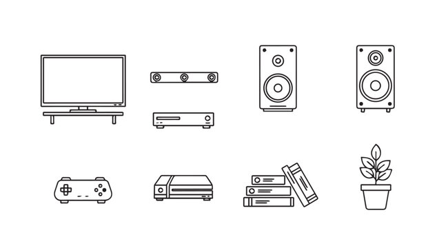 Home Entertainment Icons: TV, Speakers, Game Console, Player, Books, Plant