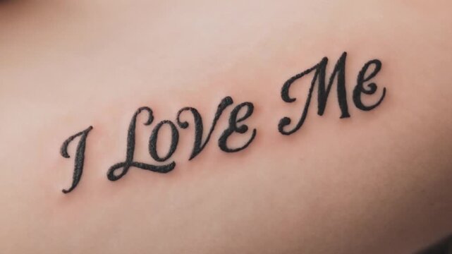 "I love me" tattoo.