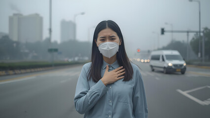 An asian woman white mask stands in a hazy urban landscape