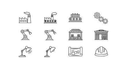 Fototapeta premium Industrial Icons Set: Factories, Robots, Warehouses, Blueprints, Gears, Hard Hat, Desk Lamp