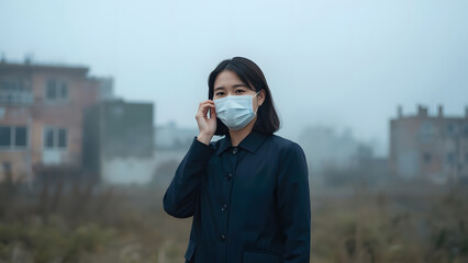 An asian woman white mask stands in a hazy urban landscape