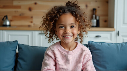 A young girl with a warm, light brown complexion and a full head of soft, voluminous curly hair sits comfortably on a plush