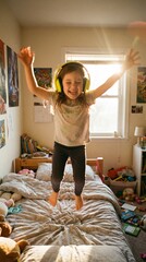 Joyful Little Girl Dancing Energetically with Headphones on Bed in Sunlit Bedroom