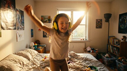 Joyful Little Girl Dancing Energetically with Headphones on Bed in Sunlit Bedroom