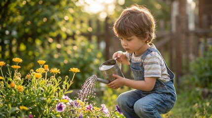 Little Boy Crouching and Watering Flowers in Sunny Backyard Garden