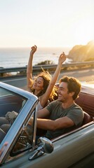 Happy Young Couple Enjoying Summer Road Trip in Convertible Car at Sunset