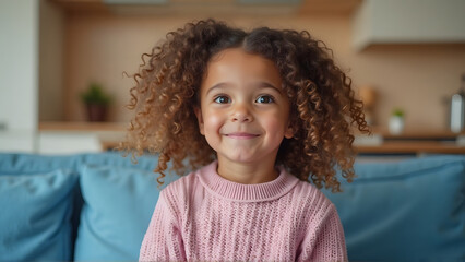 A young girl with a warm, light brown complexion and a full head of soft, voluminous curly hair sits comfortably on a plush