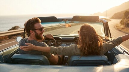 Happy Young Couple Enjoying Summer Road Trip in Convertible Car at Sunset