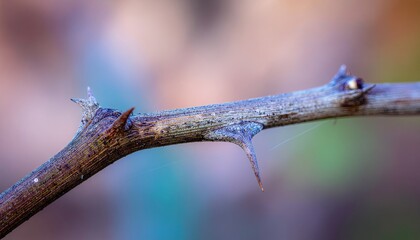 Close-up of a thorny branch with delicate spiderwebs and a soft-focus background of autumn colors in muted blues and purples