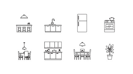 Kitchen Icons Set: Line Art Elements for Interior Design and Home Planning