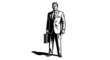 Obraz premium 1950s American businessman holding briefcase, financial success concept, vintage editorial engraving style, bold heavy linework, sharp edges, classic mid-century glamour