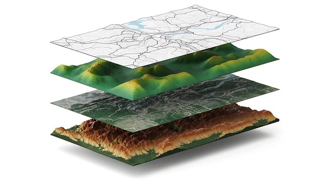 Digital geographic information system concept with multiple layered maps representing different data types for analysis and visualization of terrain and routes in a modern technological context