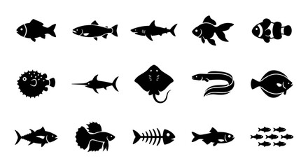 Obraz premium Sea fish and marine life silhouette icon collection