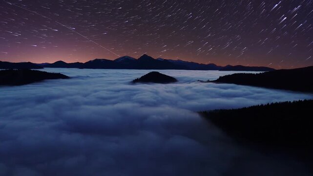 ight aerial timelapse of star trails over a mountain landscape with misty fog in valleys.