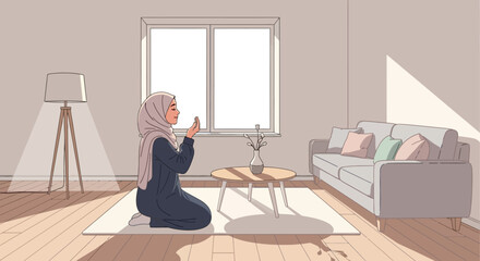 Obraz premium Muslim Woman Praying in Sunlit Living Room, Peaceful Islamic Devotion
