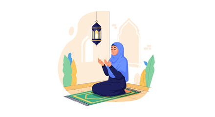 Fototapeta premium Muslim Woman Praying on a Rug with Lantern