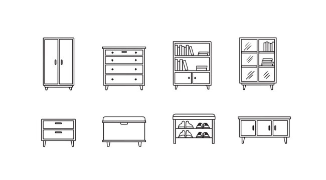 Set of Furniture Icons: Wardrobe, Dresser, Bookshelf, Cabinet, Side Table, Storage Bench, Shoe Rack