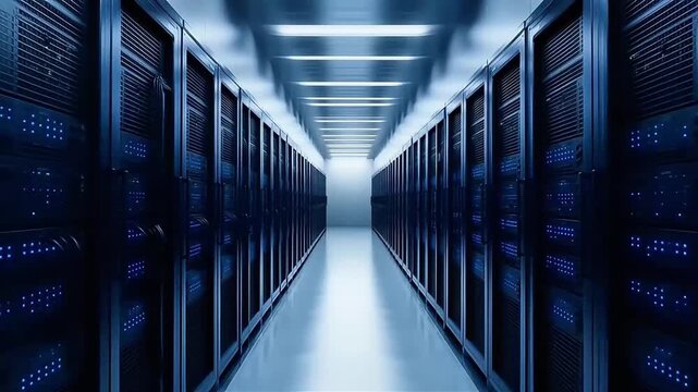 Data Center Server Room Corridor with Illuminated Ceiling.