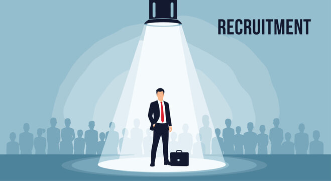 Professional job candidate stands in a bright spotlight in front of a crowd of applicants for business recruitment purposes.