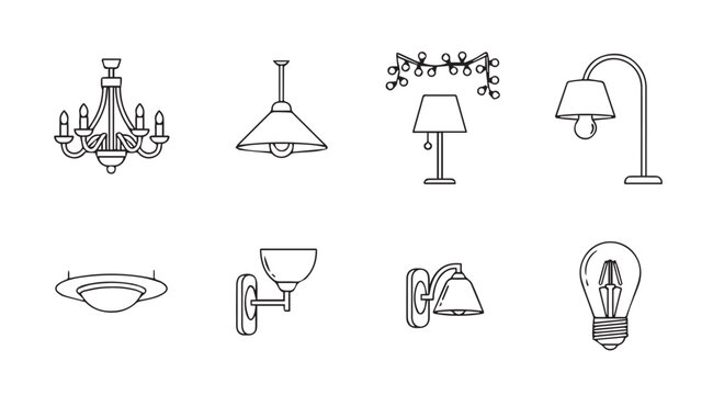 Set of various lighting fixtures and bulbs, line art illustrations, interior design elements