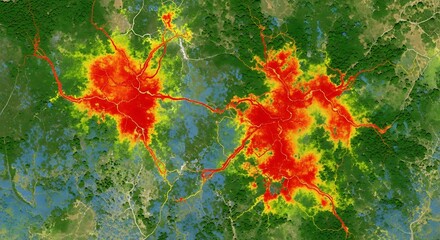 Vibrant aerial view of urban sprawl with glowing red and yellow lights contrasting with green natural landscapes