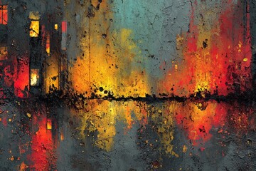 Vibrant Industrial Reflection in a Textured Dark Landscape at Dusk Generative AI