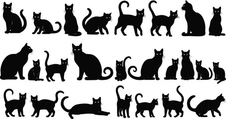 Black cat silhouettes collection with various feline poses including sitting walking jumping and stretching isolated on white background for minimalist vector graphic design elements © IconicCreations