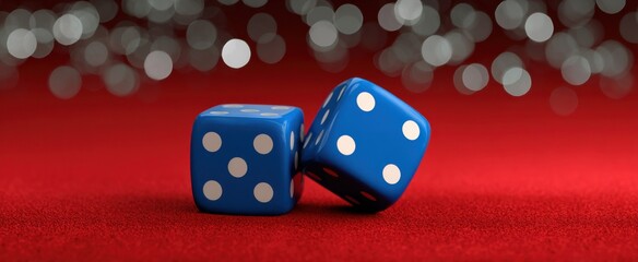 Fototapeta premium Blue dice on red velvet with silver bokeh lights add a festive ambiance.