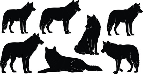 Black wolf silhouette vector set featuring various predator poses including standing, sitting, and lying down isolated on white background for wildlife and nature designs. © IconicCreations