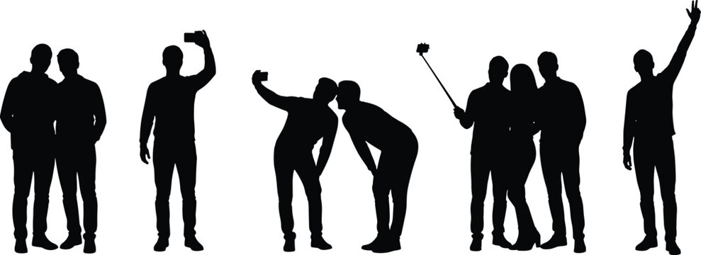 Black silhouette collection of people taking selfies with smartphones and selfie sticks alongside friends and individuals waving isolated on a clean white background