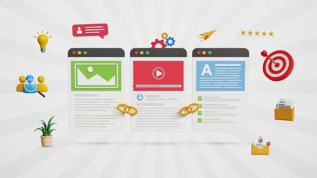 SEO Link Building Concept. Content Backlink Strategy, Website Connections, Organic Growth with SEO, Top Ranking Strategy, Search Results, Boost Site Navigation. Linked Website Pages. 3D Video