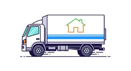 White Delivery Truck with House Logo.