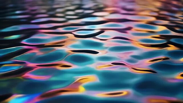 Slow motion close up of vibrant undulating water ripples with iridescent kaleidoscopic colors and fluid distortions