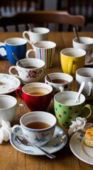 Fototapeta premium Numerous assorted mugs and teacups filled with beverages rest upon a wooden table surface.